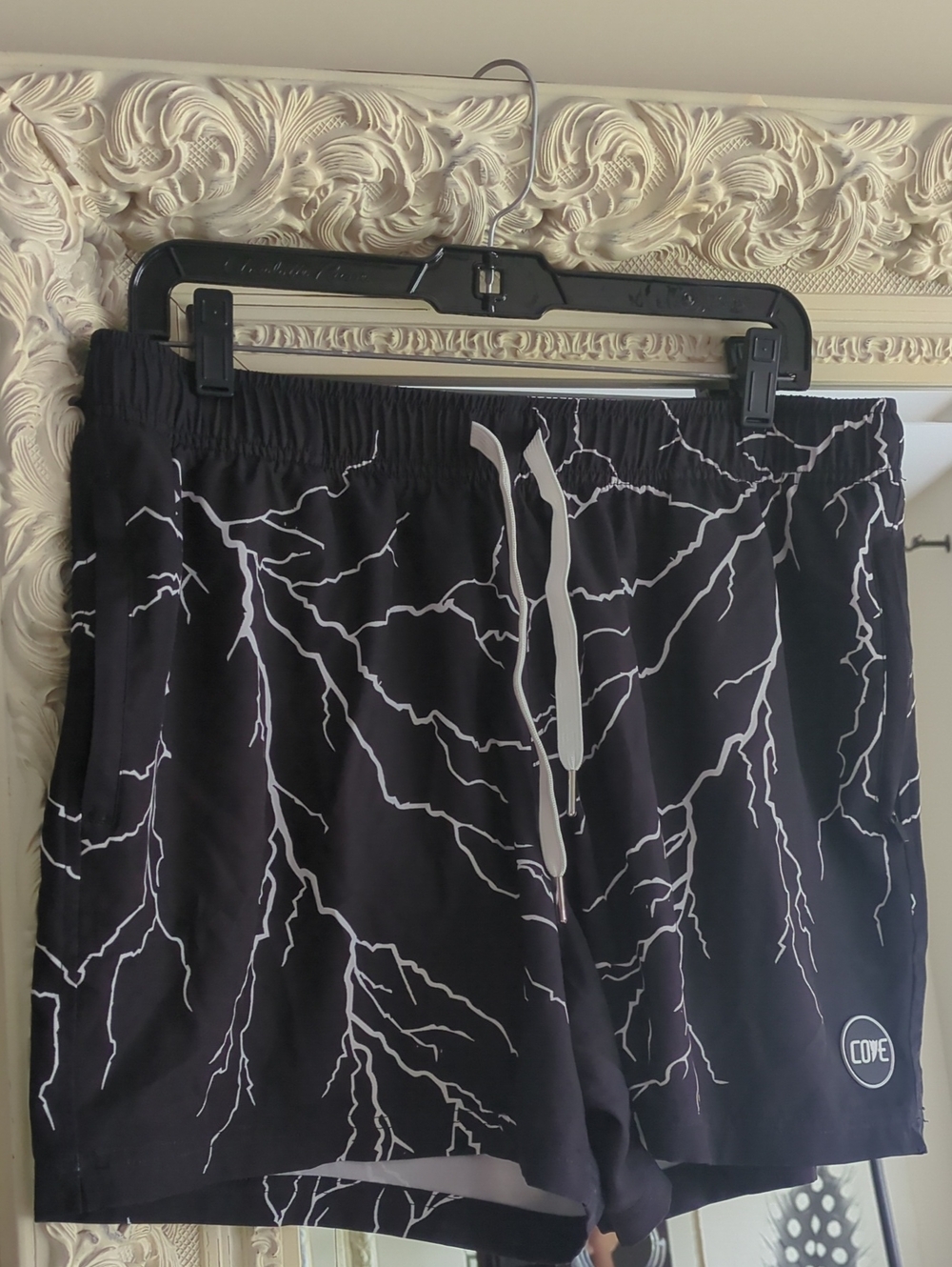 Cove Black Shorts with White Lightning Print